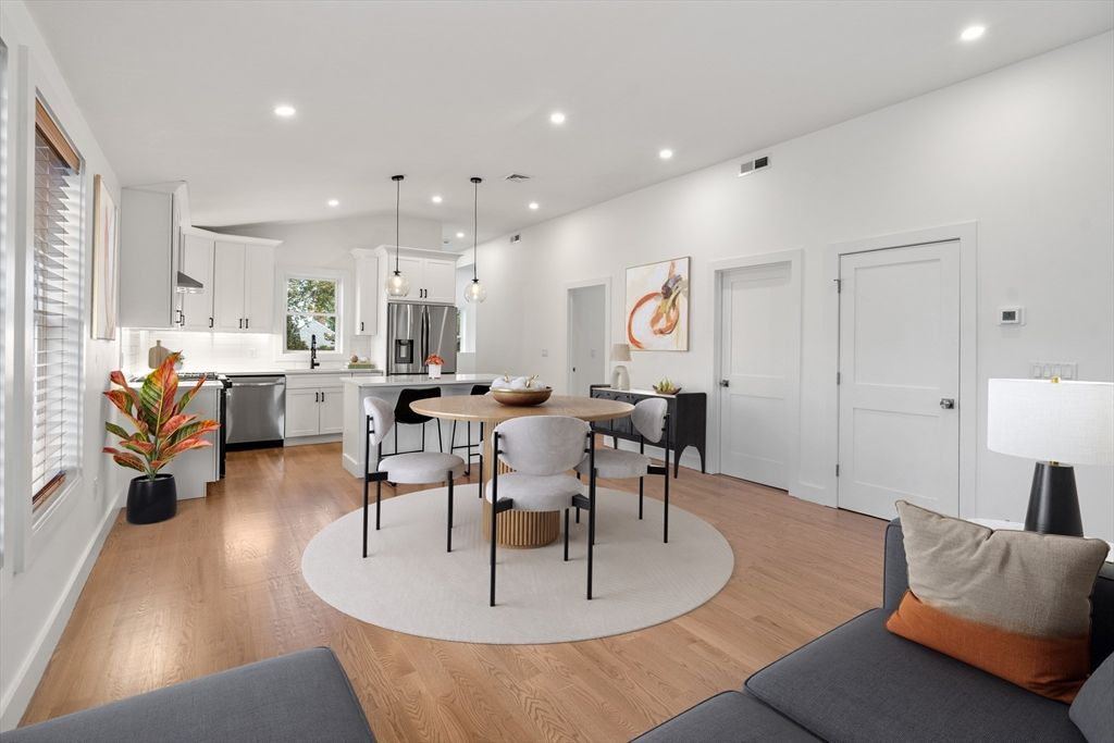 Dining room, Interior, Kitchen, Pendant Lights, Recessed Lighting, Stainless Steel Appliances, Wood Texture Flooring