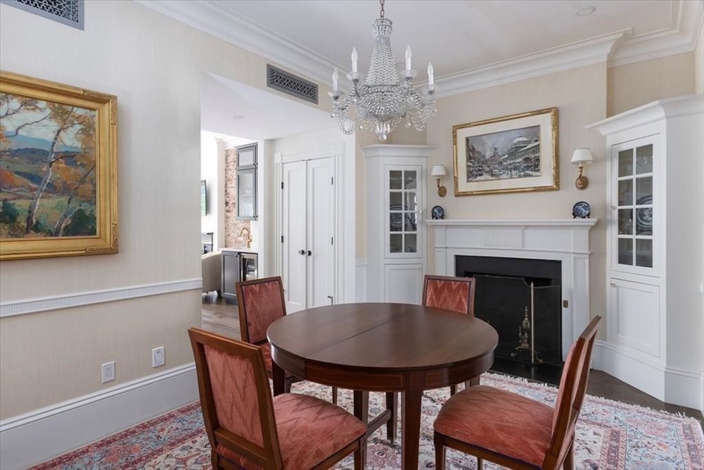 Chandelier, Dining room, Fireplace, Interior
