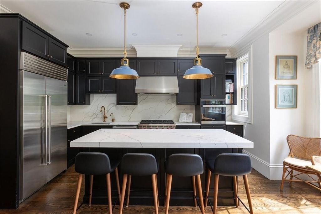 Interior, Kitchen, Marble Walls, Pendant Lights, Recessed Lighting, Stainless Steel Appliances, Wood Texture Flooring