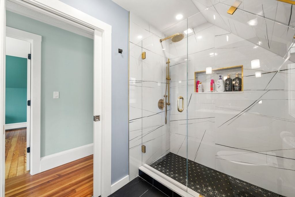 Bathroom, Glass Shower, Interior, Recessed Lighting, Wood Texture Flooring