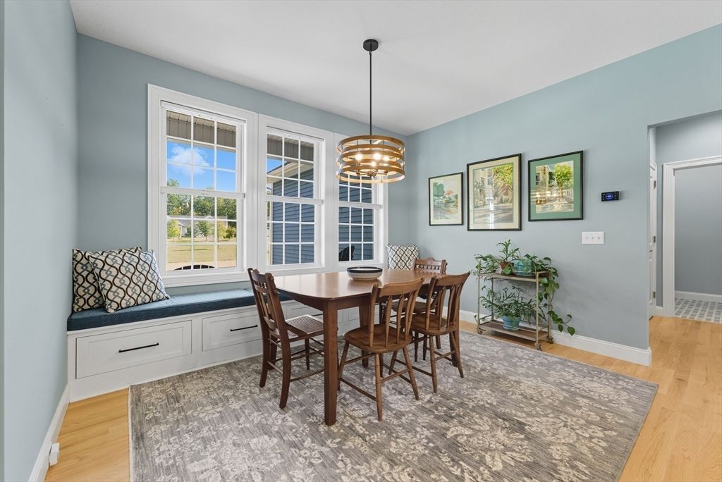 Dining room, Interior, Pendant Lights, Wood Texture Flooring