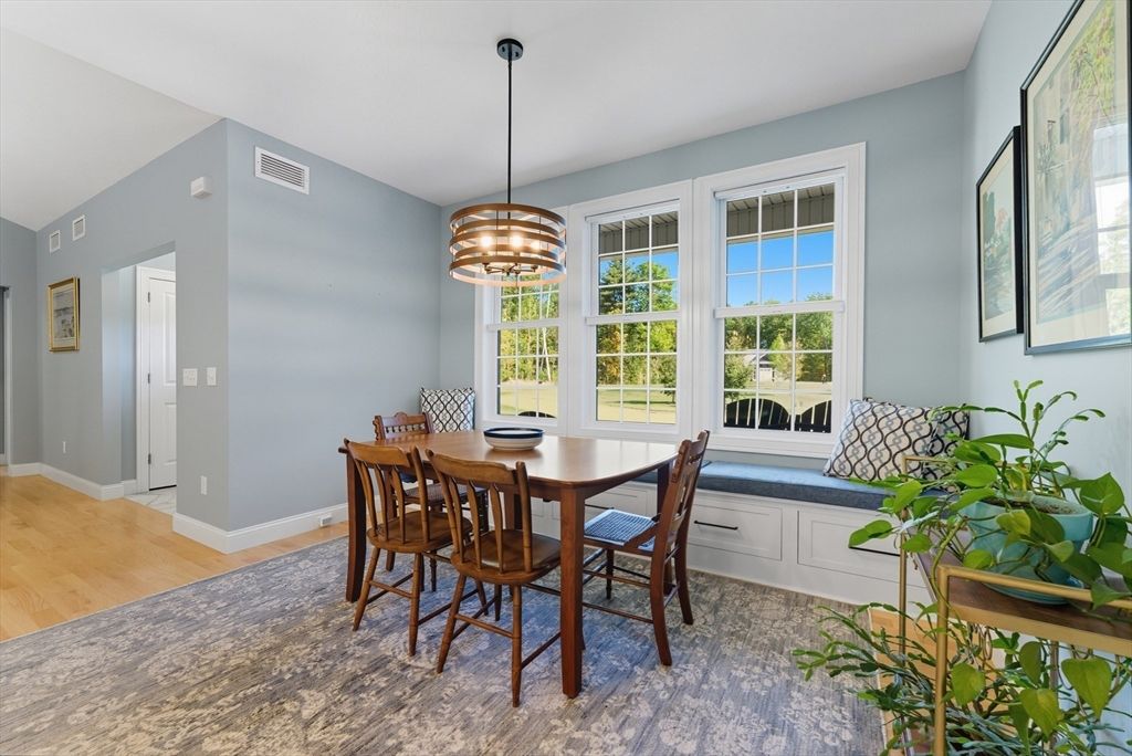 Dining room, Interior, Pendant Lights, Wood Texture Flooring