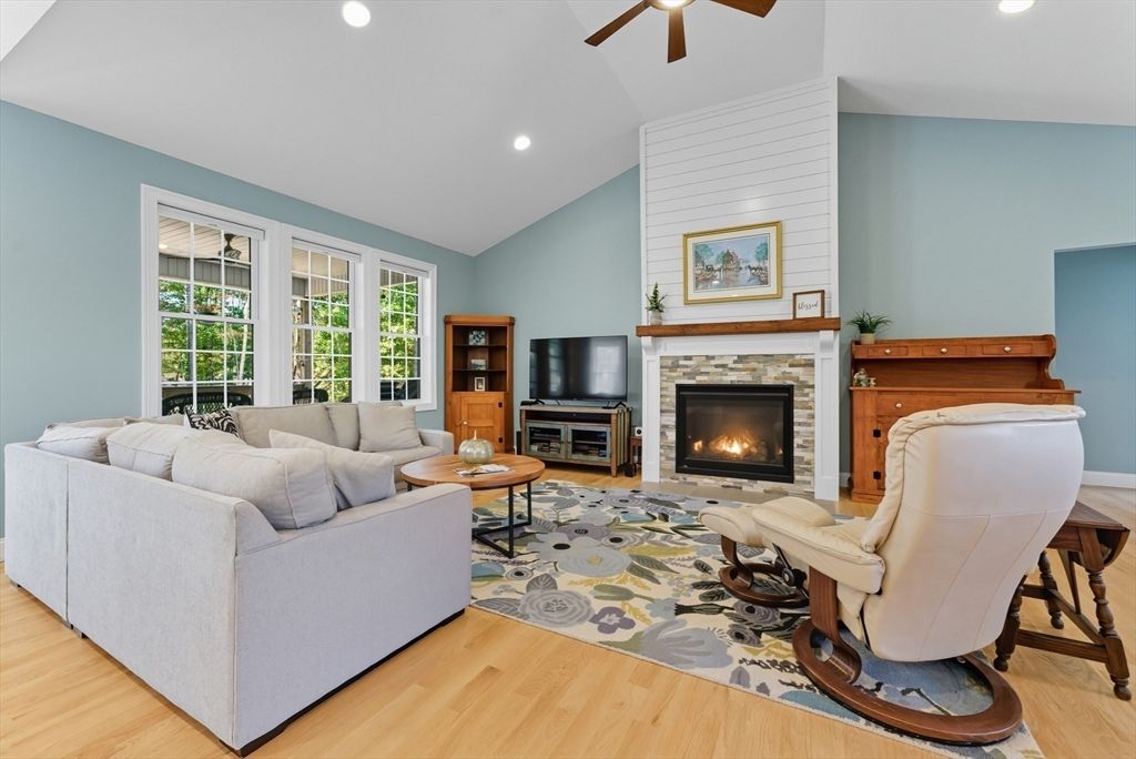 Fireplace, Interior, Living room, Recessed Lighting, Wood Texture Flooring