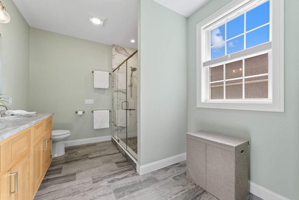 Bathroom, Glass Shower, Interior, Recessed Lighting, Wood Texture Flooring