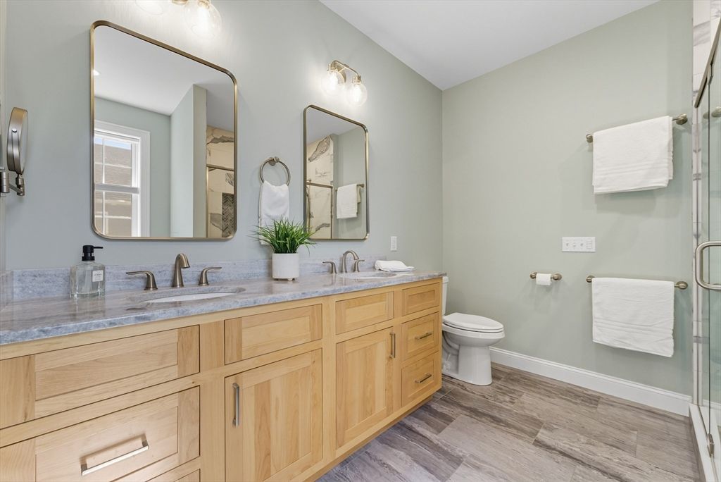 Bathroom, Dual Sink Vanities, Glass Shower, Interior, Wood Texture Flooring