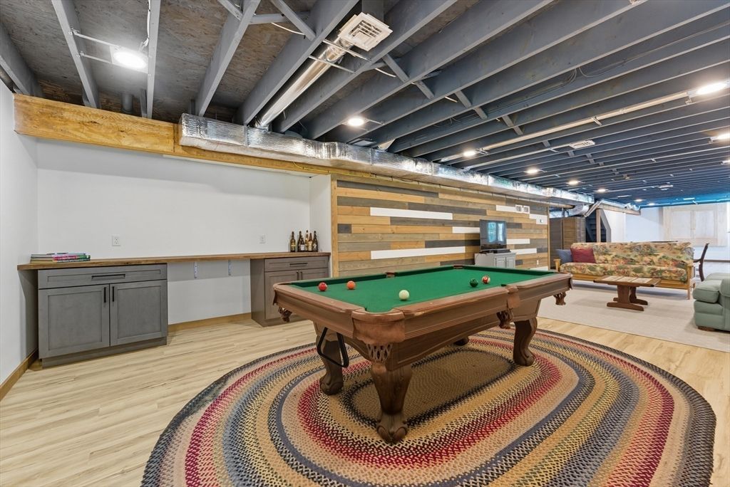 Billiard Table, Game Room, Interior, Recessed Lighting, Wood Texture Flooring, Wooden Walls