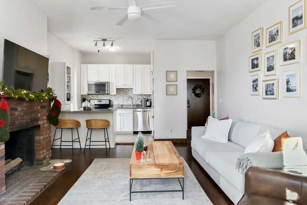 Fireplace, Interior, Kitchen, Living room, Stainless Steel Appliances, Wood Texture Flooring
