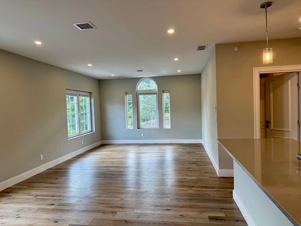 Empty room, Interior, Pendant Lights, Recessed Lighting, Wood Texture Flooring