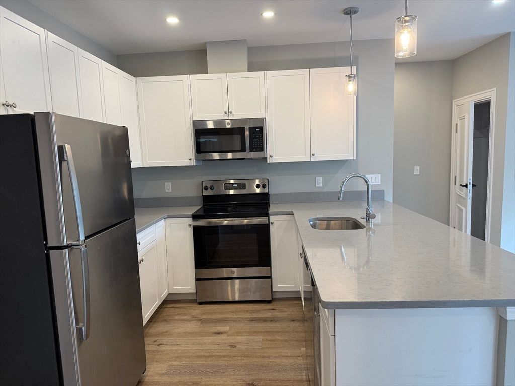 Interior, Kitchen, Pendant Lights, Recessed Lighting, Stainless Steel Appliances, Wood Texture Flooring