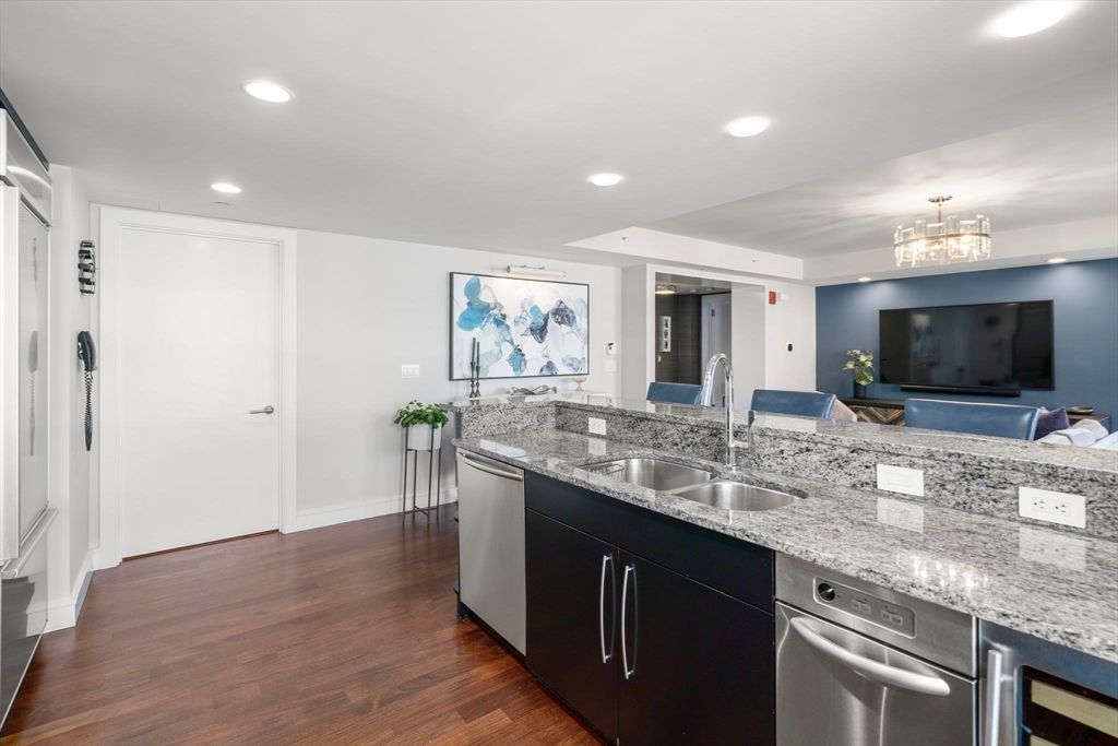 Chandelier, Interior, Kitchen, Recessed Lighting, Wood Texture Flooring