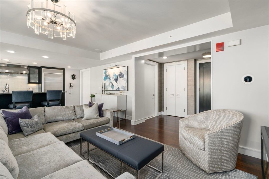 Chandelier, Interior, Kitchen, Living room, Recessed Lighting, Stainless Steel Appliances, Wood Texture Flooring