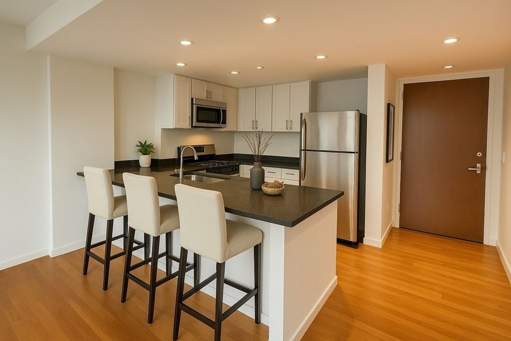 Interior, Kitchen, Recessed Lighting, Stainless Steel Appliances, Wood Texture Flooring