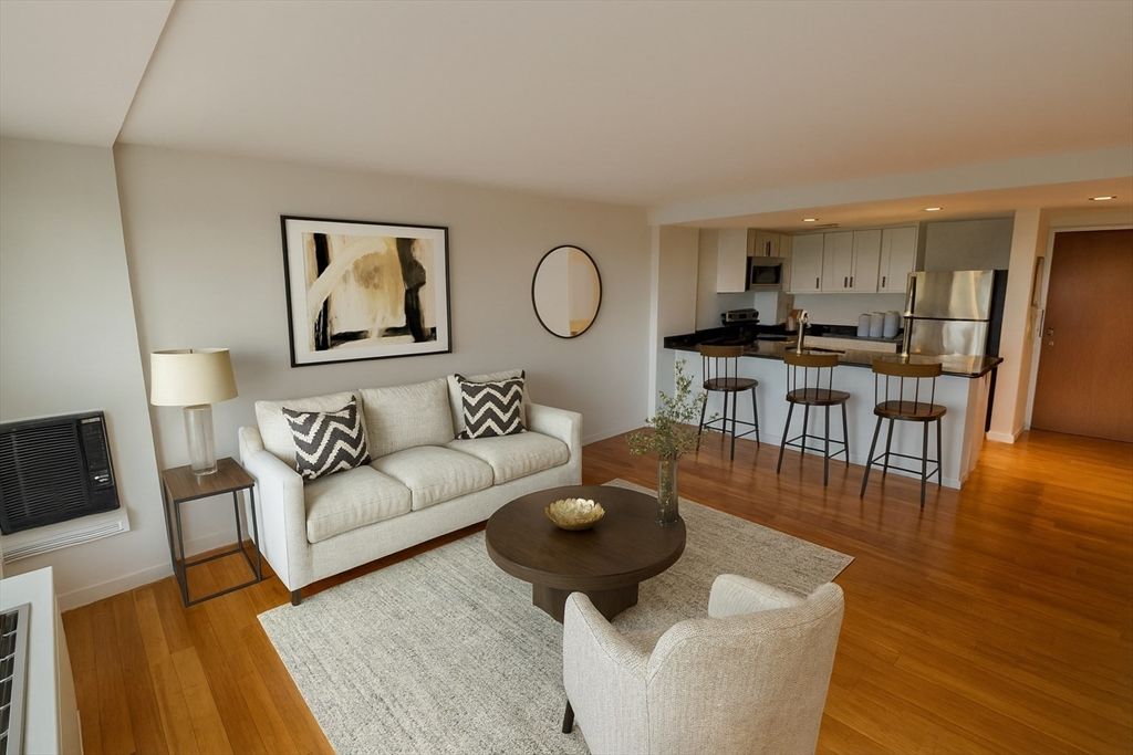 Interior, Kitchen, Living room, Recessed Lighting, Stainless Steel Appliances, Wood Texture Flooring