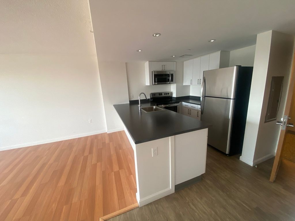 Interior, Kitchen, Recessed Lighting, Stainless Steel Appliances, Wood Texture Flooring