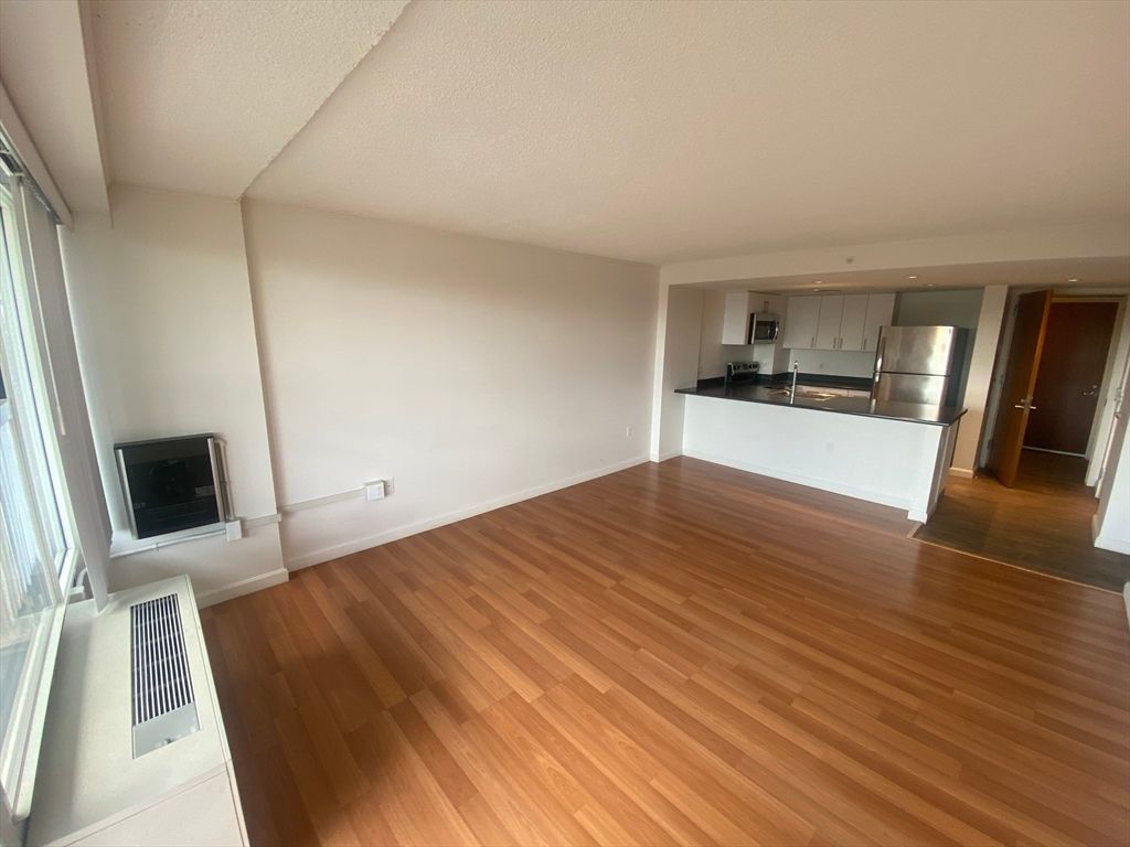Empty room, Interior, Kitchen, Stainless Steel Appliances, Wood Texture Flooring