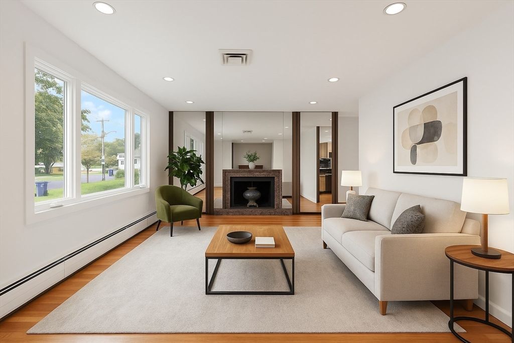 Fireplace, Interior, Living room, Recessed Lighting, Wood Texture Flooring