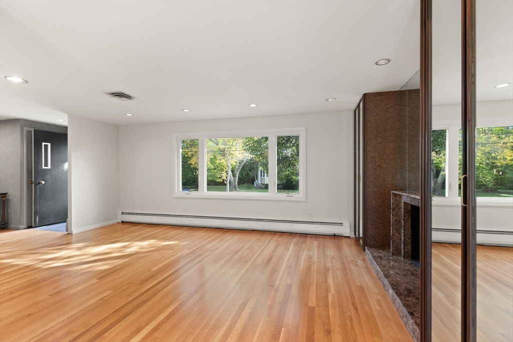 Empty room, Fireplace, Interior, Recessed Lighting, Wood Texture Flooring