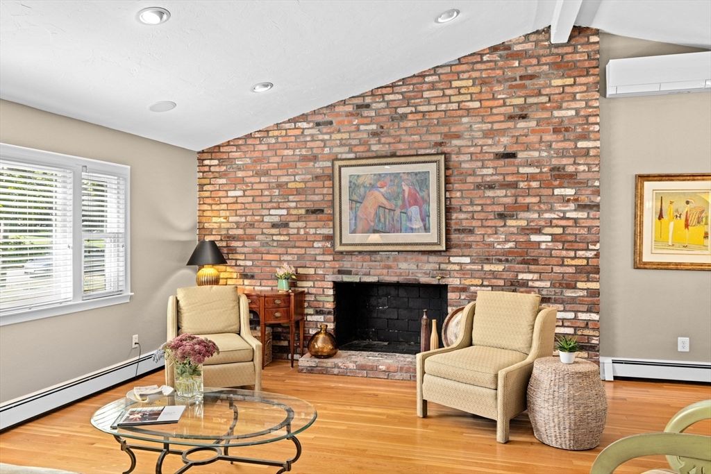 Fireplace, Interior, Recessed Lighting, Stone Walls, Wood Texture Flooring