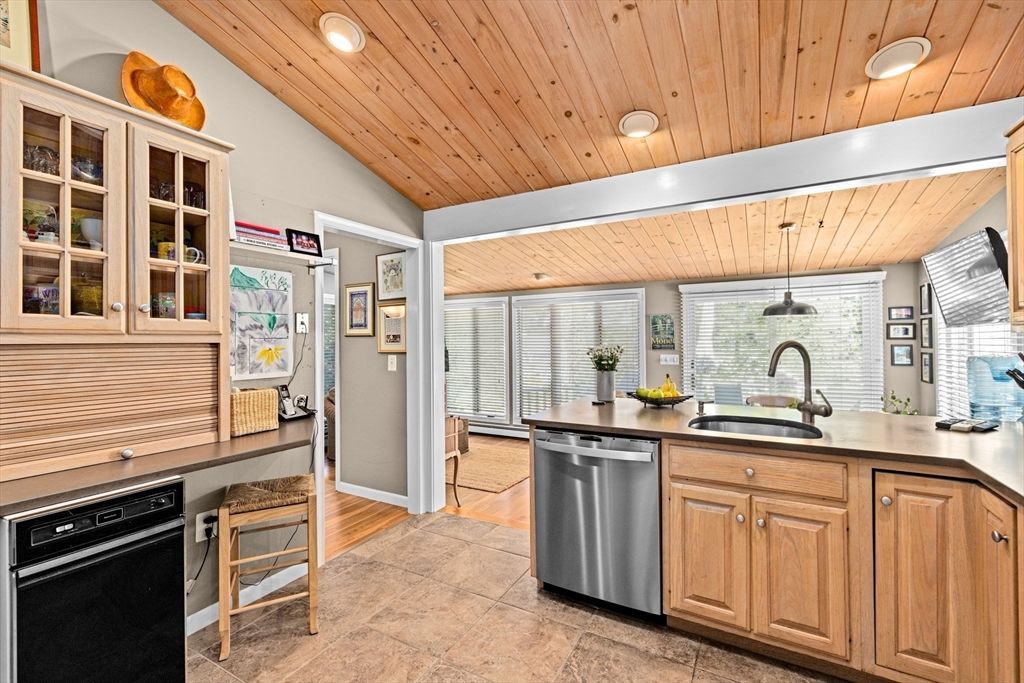 Interior, Kitchen, Pendant Lights, Recessed Lighting, Stainless Steel Appliances, Wooden Ceilings, Wood Texture Flooring
