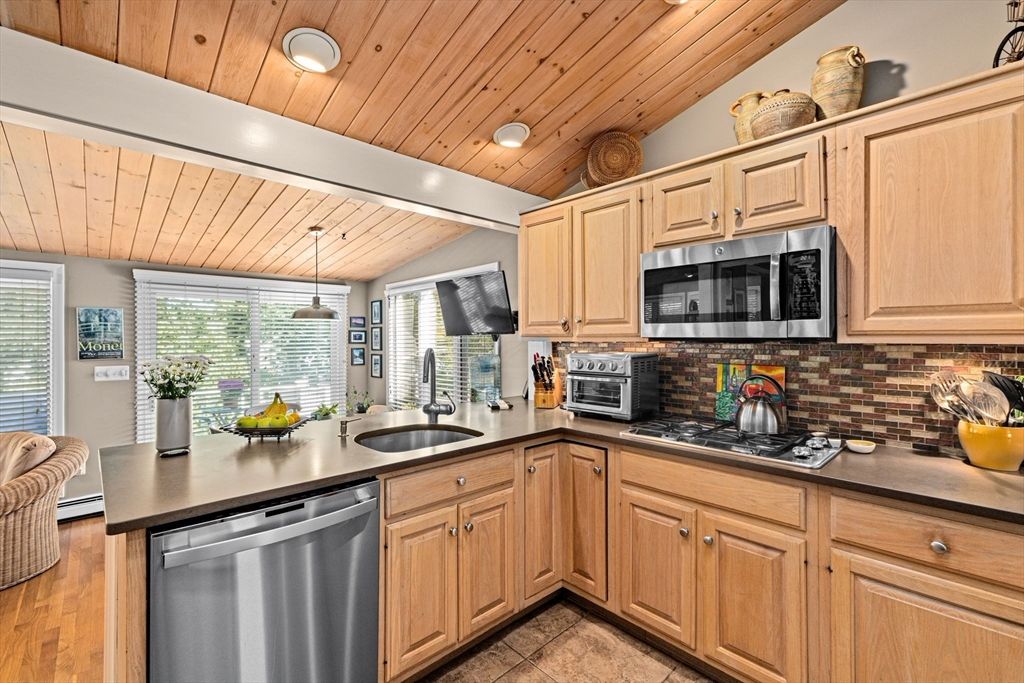 Interior, Kitchen, Pendant Lights, Recessed Lighting, Stainless Steel Appliances, Wooden Ceilings, Wood Texture Flooring