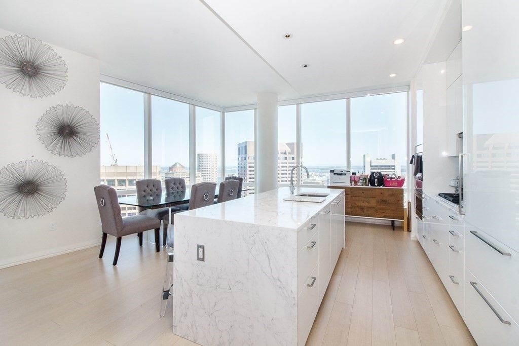 Dining room, Interior, Kitchen, Recessed Lighting, Water, Wood Texture Flooring