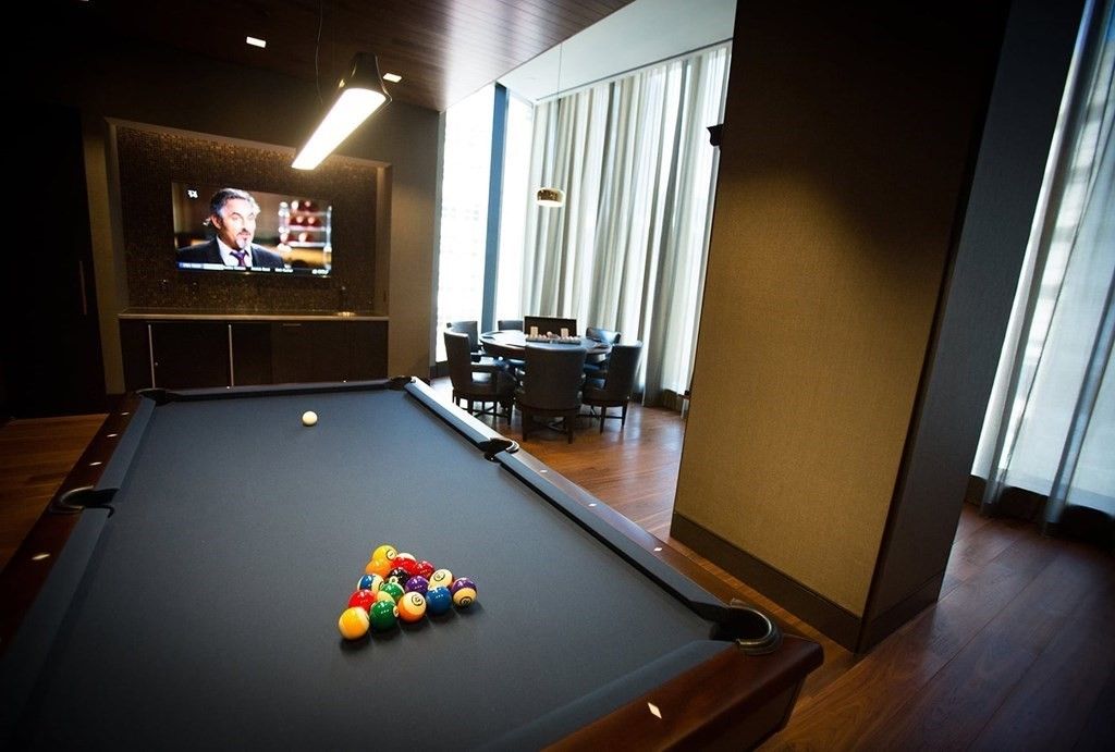 Billiard Table, Game Room, Interior, Recessed Lighting, Wood Texture Flooring