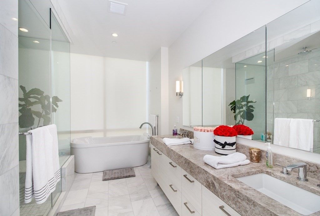 Bathroom, Dual Sink Vanities, Free Standing Baths, Glass Shower, Interior, Marble, Recessed Lighting