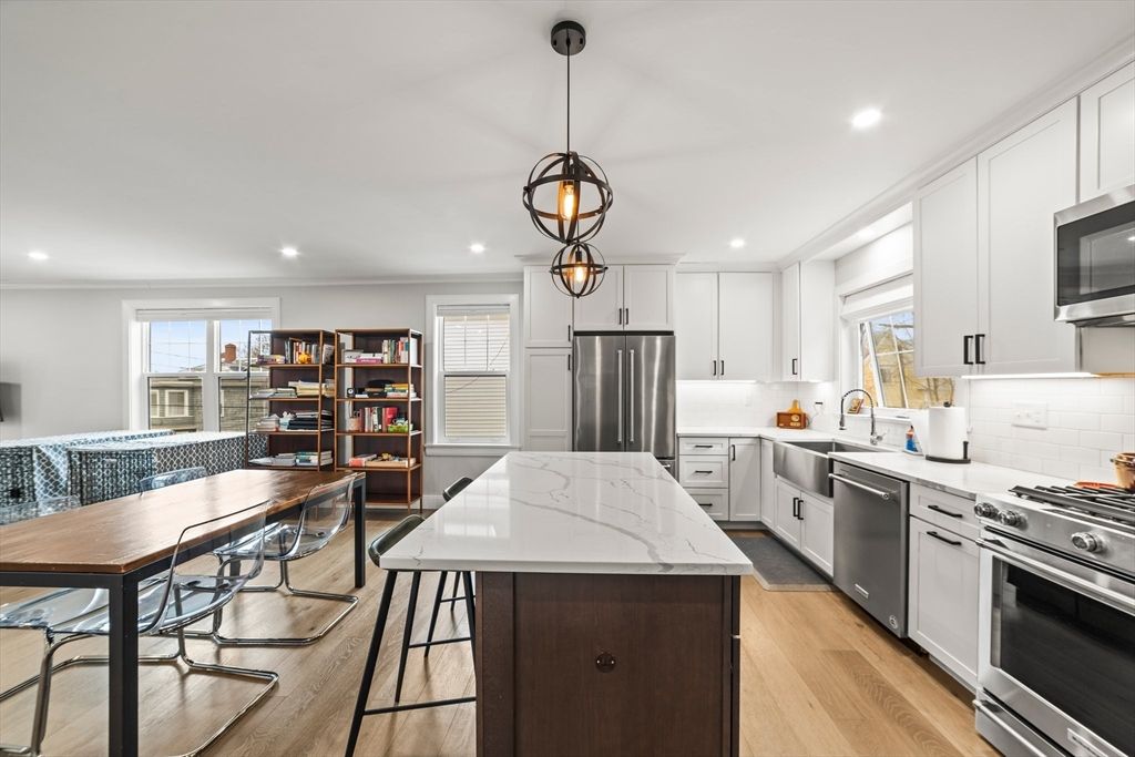 Interior, Kitchen, Pendant Lights, Recessed Lighting, Stainless Steel Appliances, Wood Texture Flooring