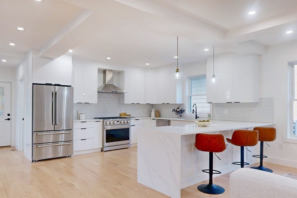Interior, Kitchen, Pendant Lights, Recessed Lighting, Stainless Steel Appliances, Wood Texture Flooring