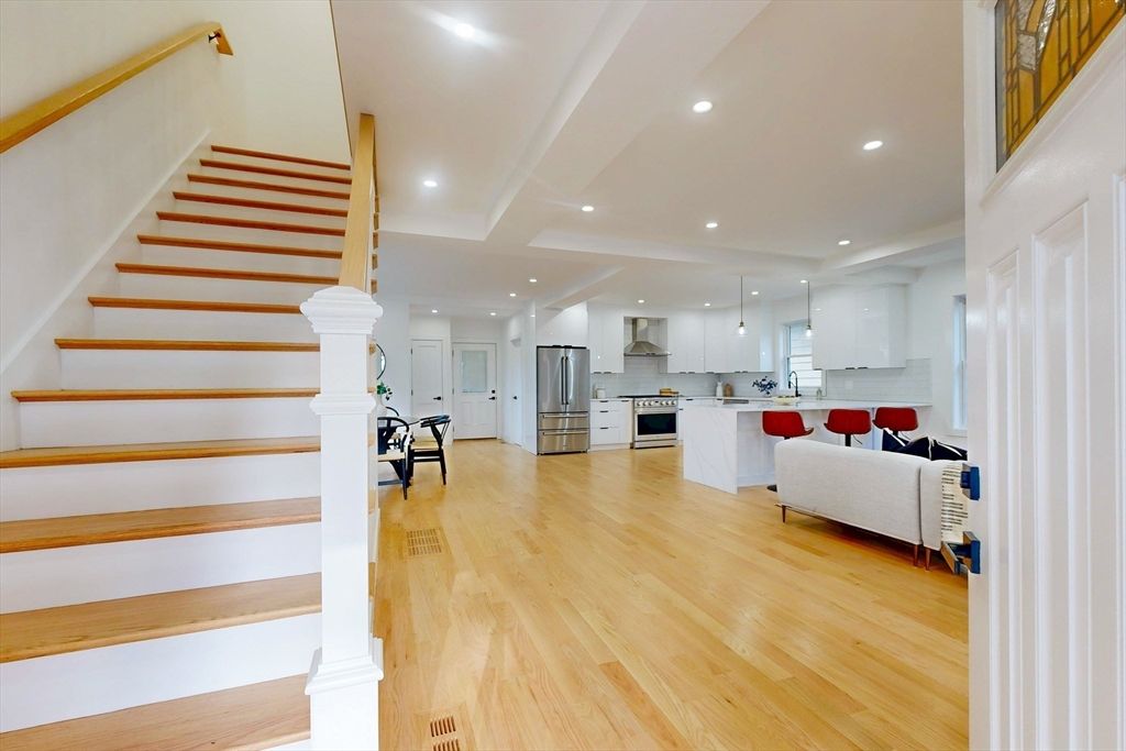 Interior, Kitchen, Living room, Recessed Lighting, Stainless Steel Appliances, Wood Texture Flooring