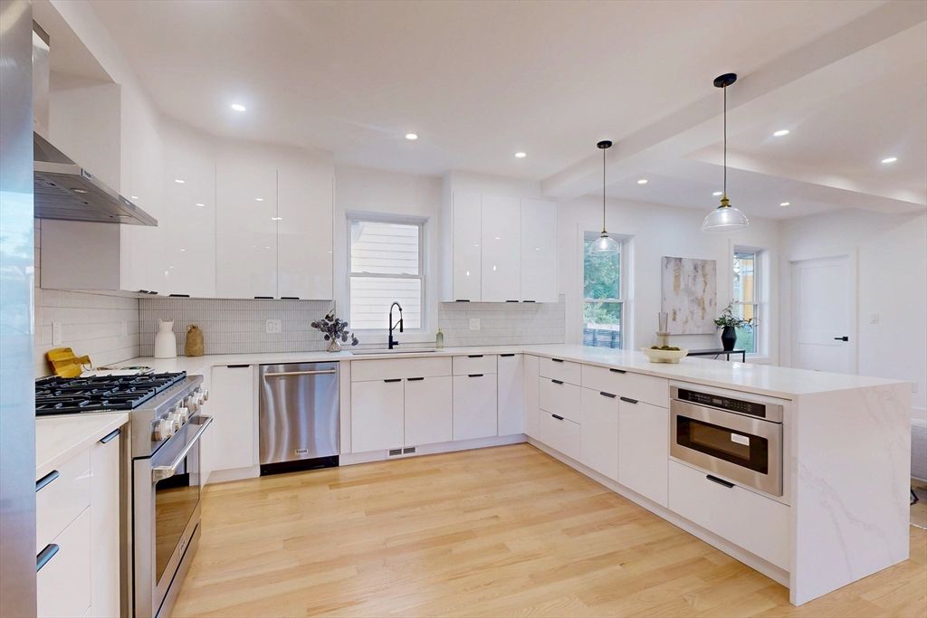 Interior, Kitchen, Pendant Lights, Recessed Lighting, Stainless Steel Appliances, Wood Texture Flooring