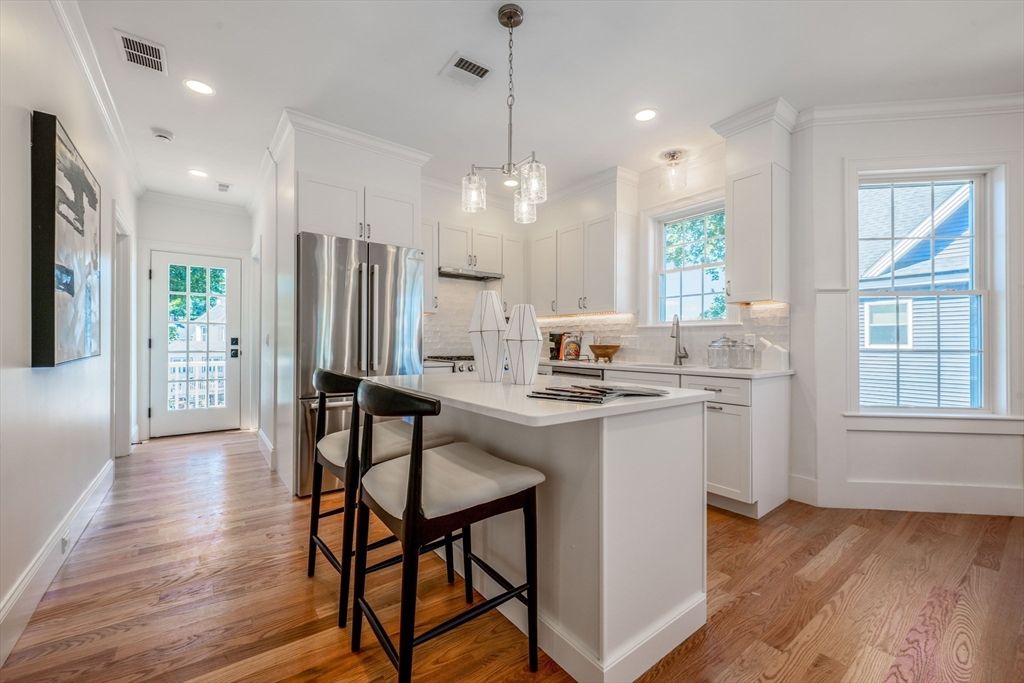 Interior, Kitchen, Pendant Lights, Recessed Lighting, Stainless Steel Appliances, Wood Texture Flooring