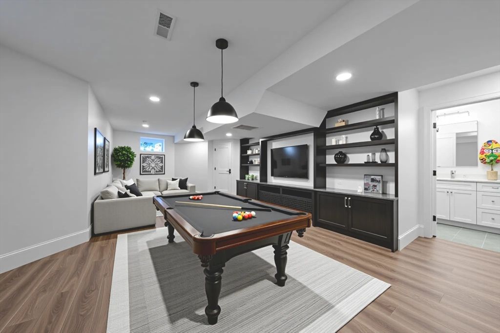 Billiard Table, Game Room, Interior, Pendant Lights, Recessed Lighting, Wood Texture Flooring