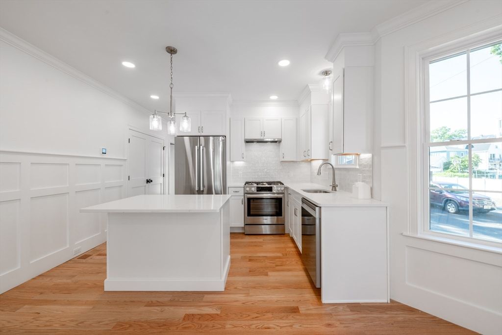 Interior, Kitchen, Pendant Lights, Recessed Lighting, Stainless Steel Appliances, Wood Texture Flooring