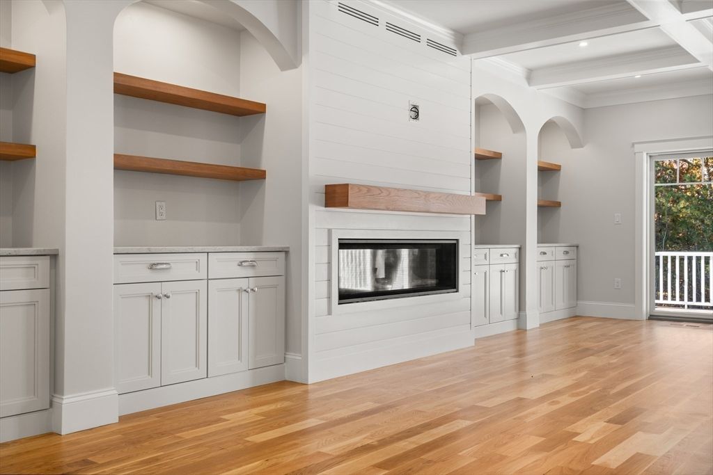 Empty room, Fireplace, Interior, Recessed Lighting, Wood Texture Flooring