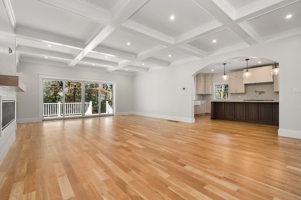 Empty room, Fireplace, Interior, Kitchen, Pendant Lights, Recessed Lighting, Wood Texture Flooring