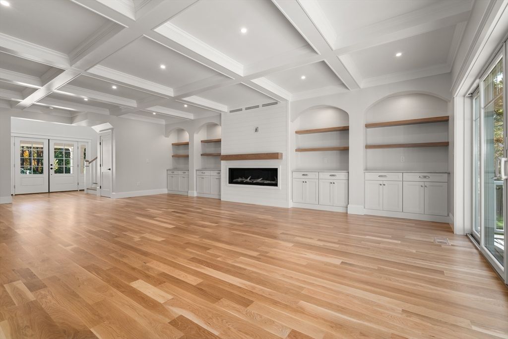 Empty room, Fireplace, Interior, Recessed Lighting, Wood Texture Flooring