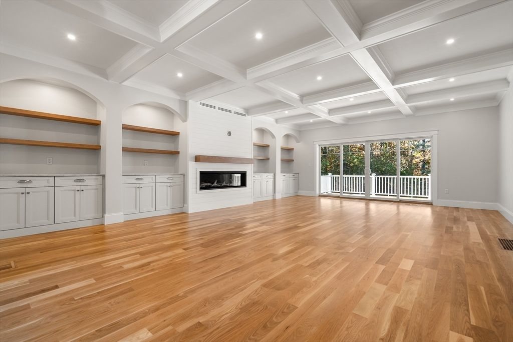 Empty room, Fireplace, Interior, Recessed Lighting, Wood Texture Flooring