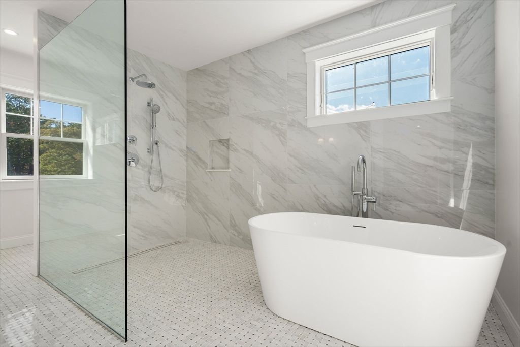 Bathroom, Free Standing Baths, Glass Shower, Interior, Marble Walls, Recessed Lighting