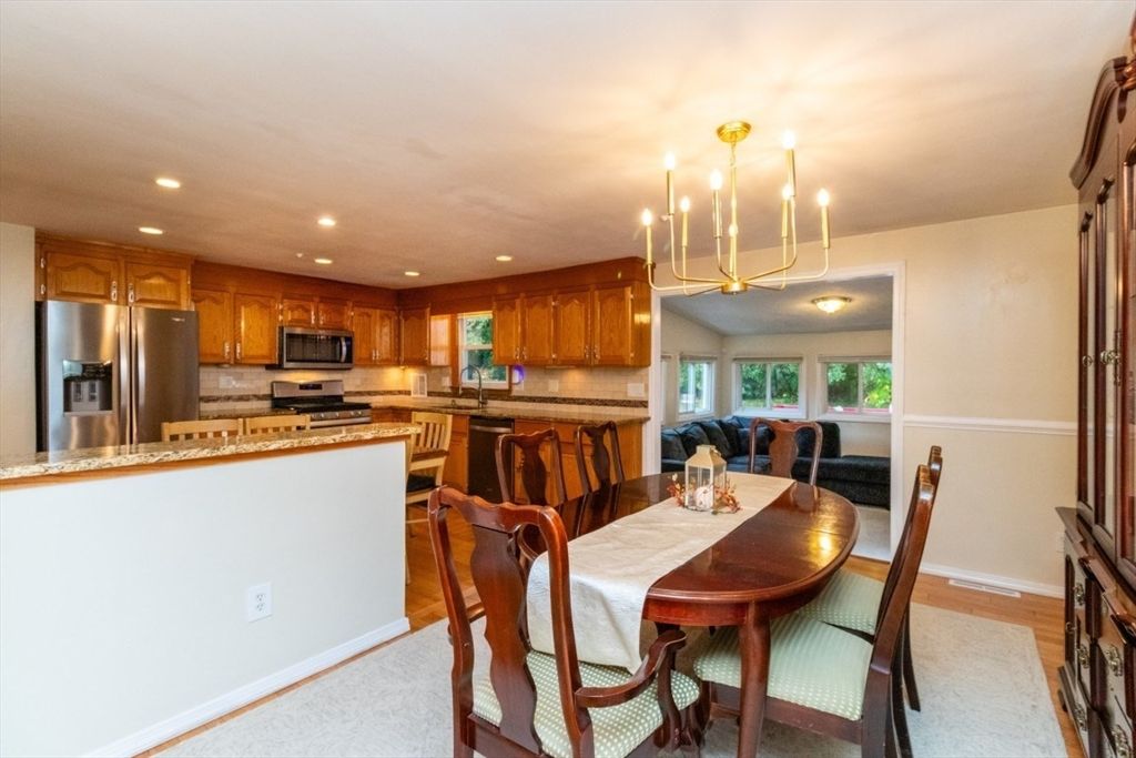 Dining room, Interior, Kitchen, Pendant Lights, Recessed Lighting, Stainless Steel Appliances, Wood Texture Flooring
