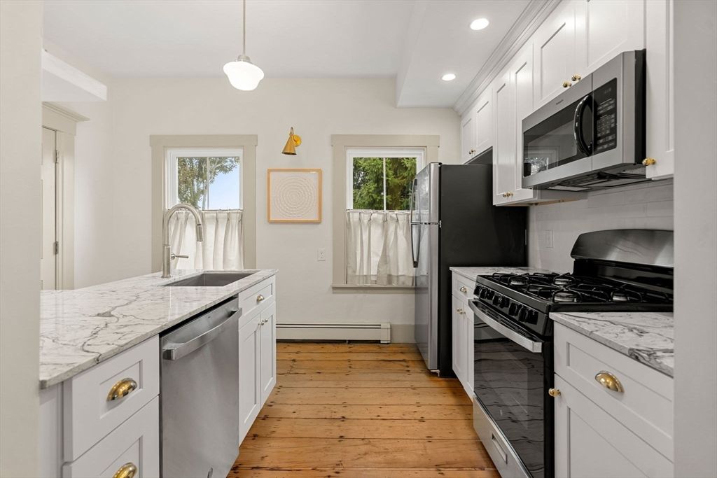 Interior, Kitchen, Pendant Lights, Recessed Lighting, Stainless Steel Appliances, Wood Texture Flooring