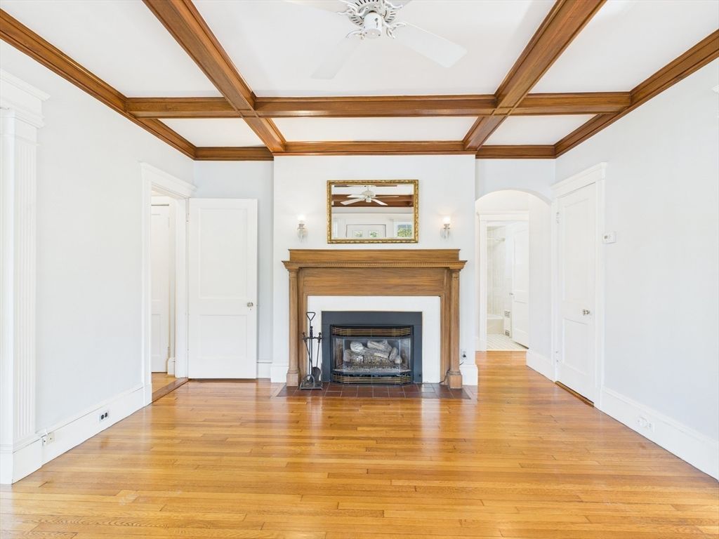 Empty room, Fireplace, Interior, Wooden Beams, Wood Texture Flooring