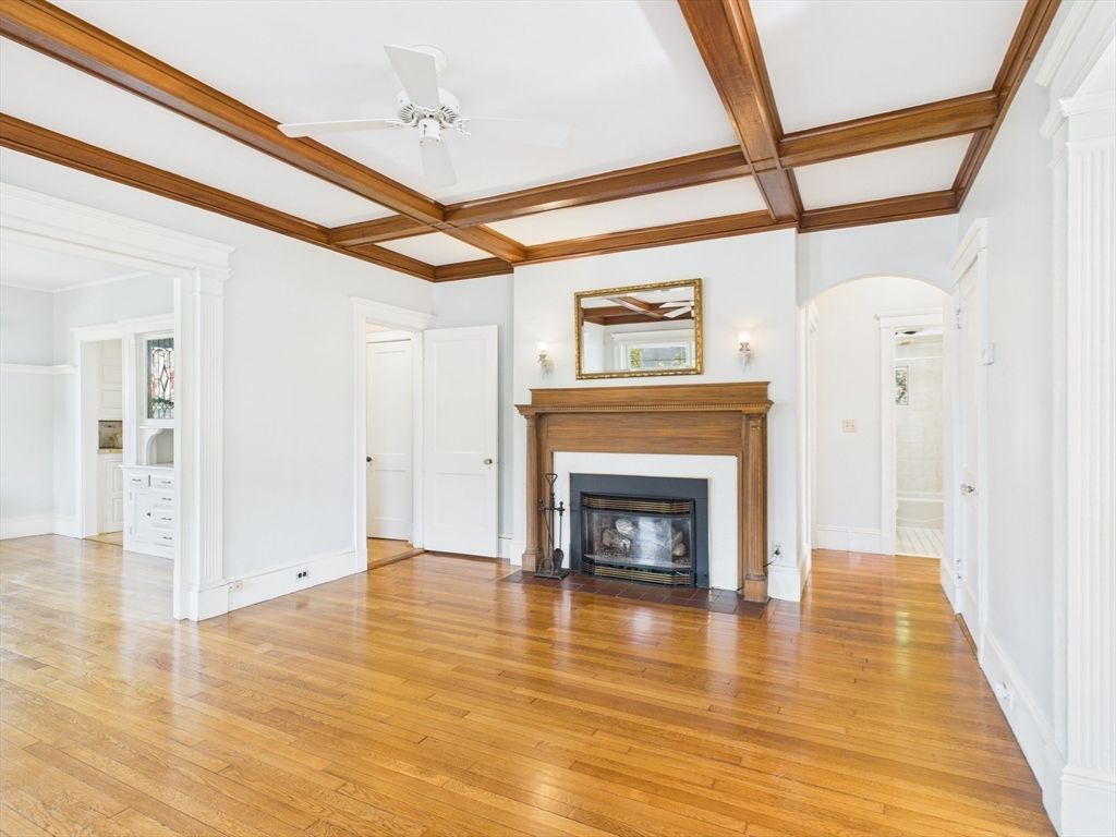 Empty room, Fireplace, Interior, Wooden Beams, Wood Texture Flooring