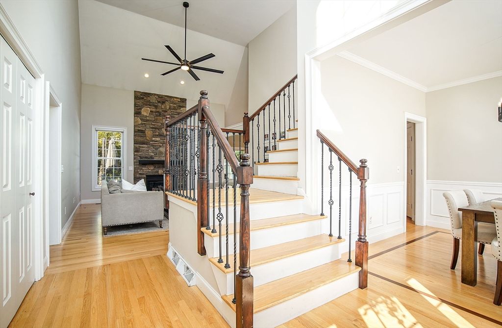 Fireplace, Interior, Recessed Lighting, Stone Walls, Wood Texture Flooring