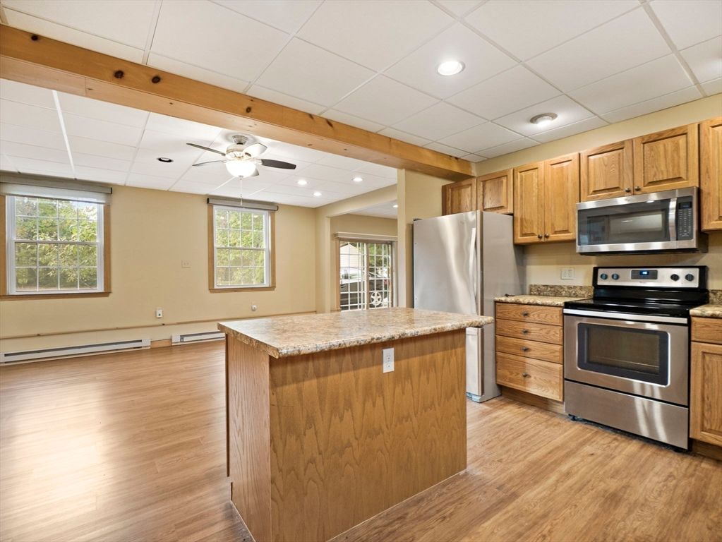 Interior, Kitchen, Recessed Lighting, Stainless Steel Appliances, Wooden Beams, Wood Texture Flooring