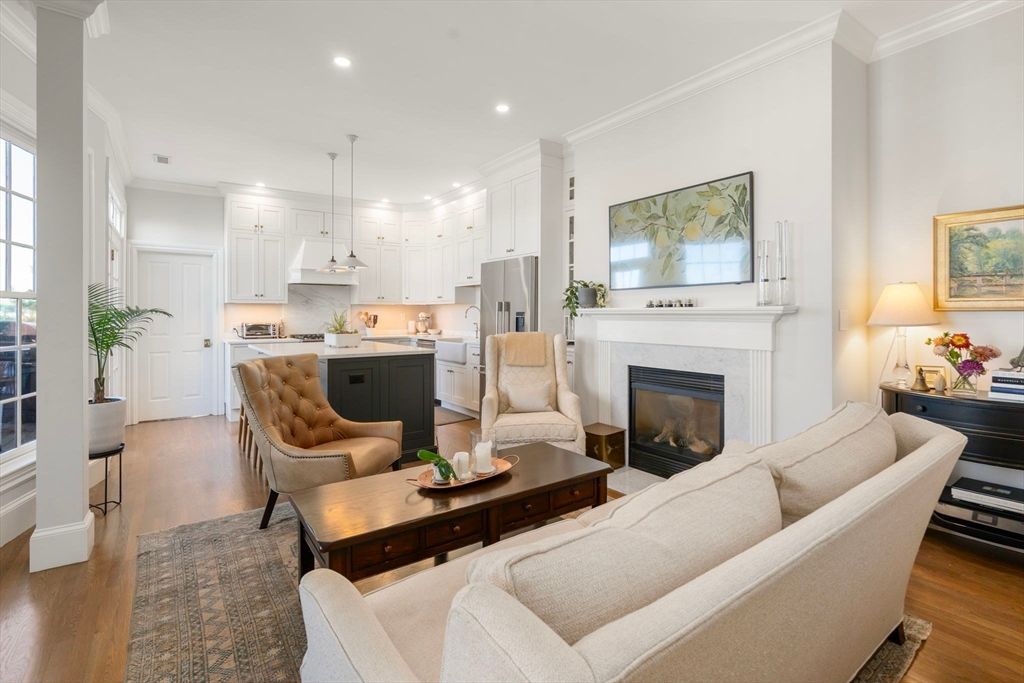 Fireplace, Interior, Kitchen, Living room, Pendant Lights, Recessed Lighting, Wood Texture Flooring