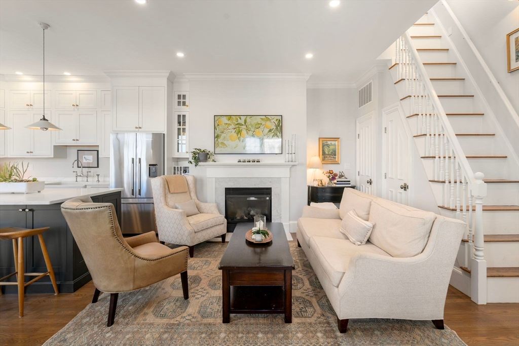 Fireplace, Interior, Kitchen, Living room, Pendant Lights, Recessed Lighting, Wood Texture Flooring