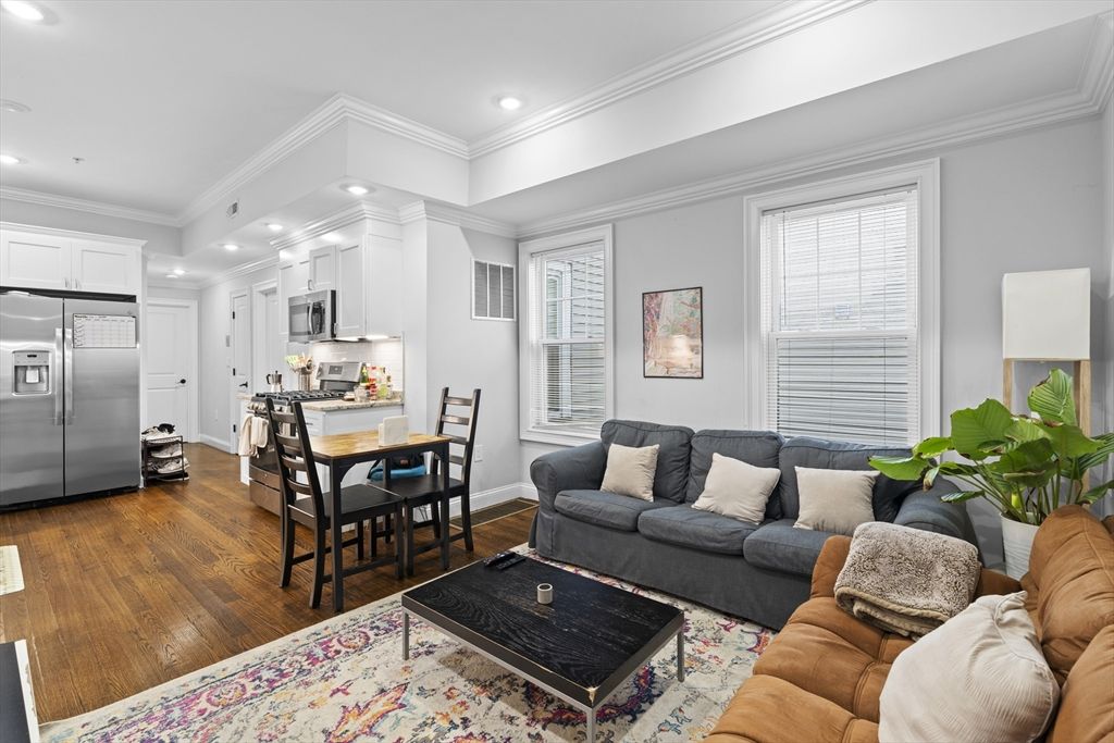 Dining room, Interior, Kitchen, Living room, Recessed Lighting, Stainless Steel Appliances, Wood Texture Flooring