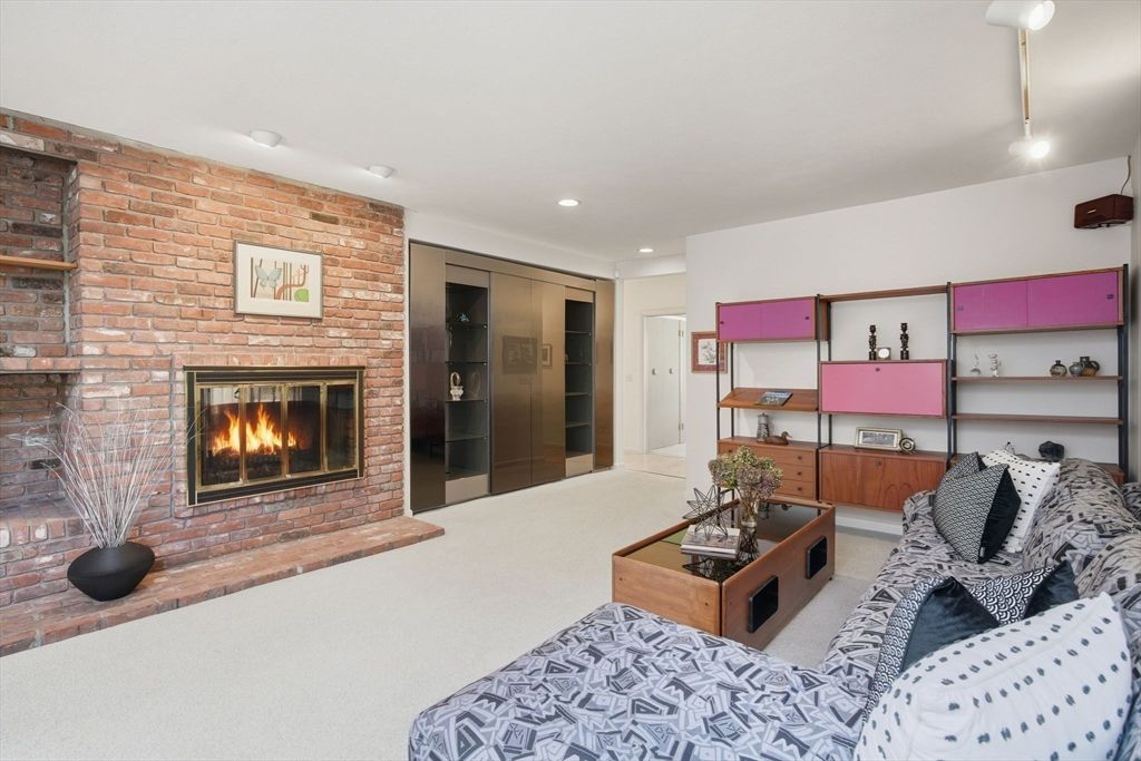 Fireplace, Interior, Living room, Recessed Lighting, Stone Walls