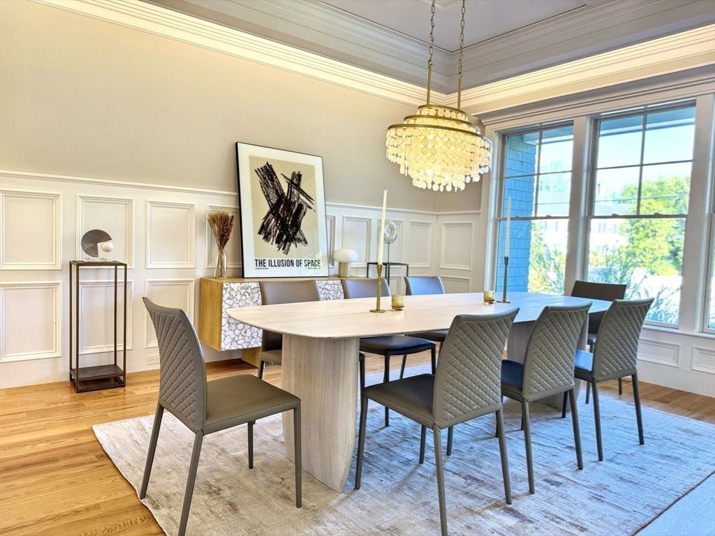 Chandelier, Dining room, Interior, Wood Texture Flooring